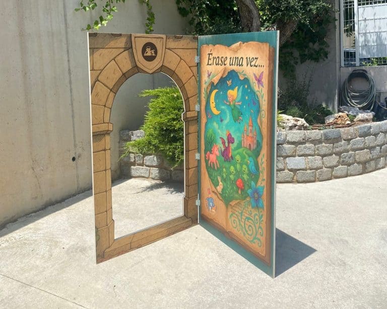 Creative outdoor storybook display for children at Grupbou